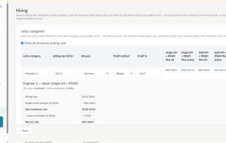 Rate Studio Hiring tab modeling how new hires change indirect rates