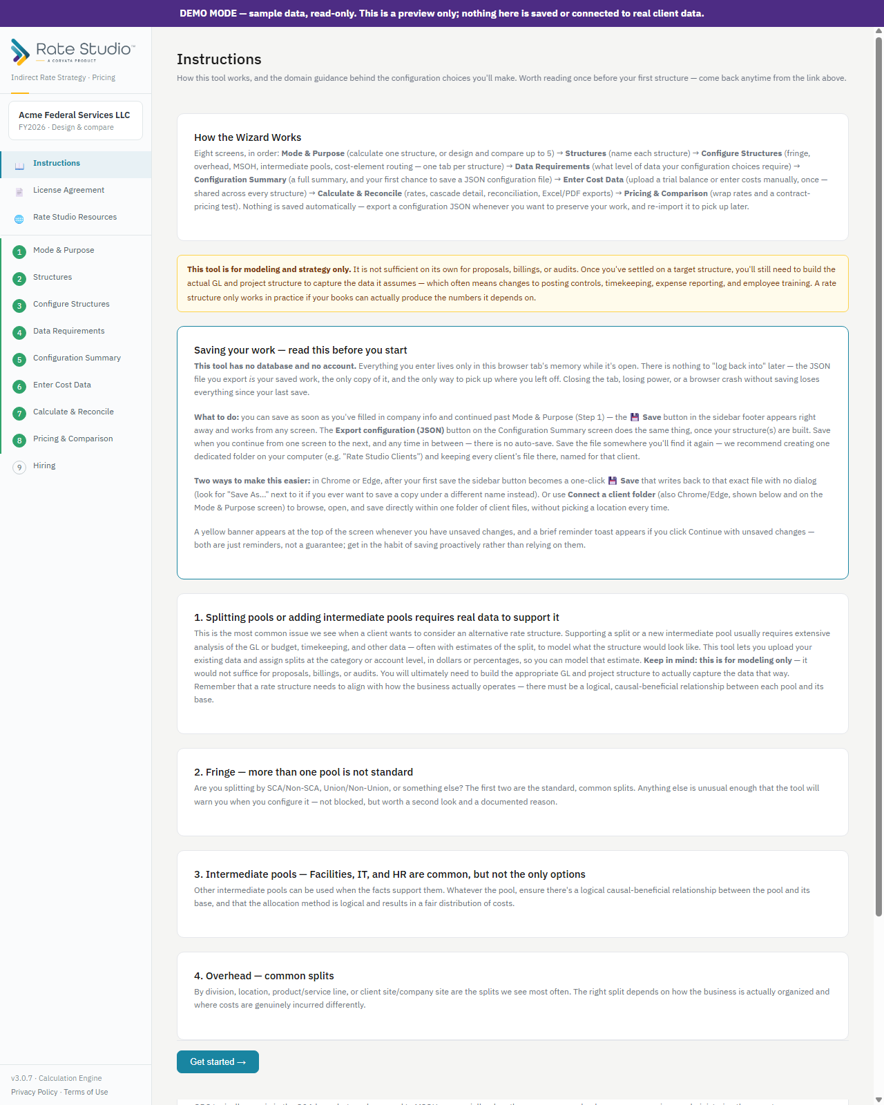 The Instructions screen, including the Saving Your Work guidance described above.