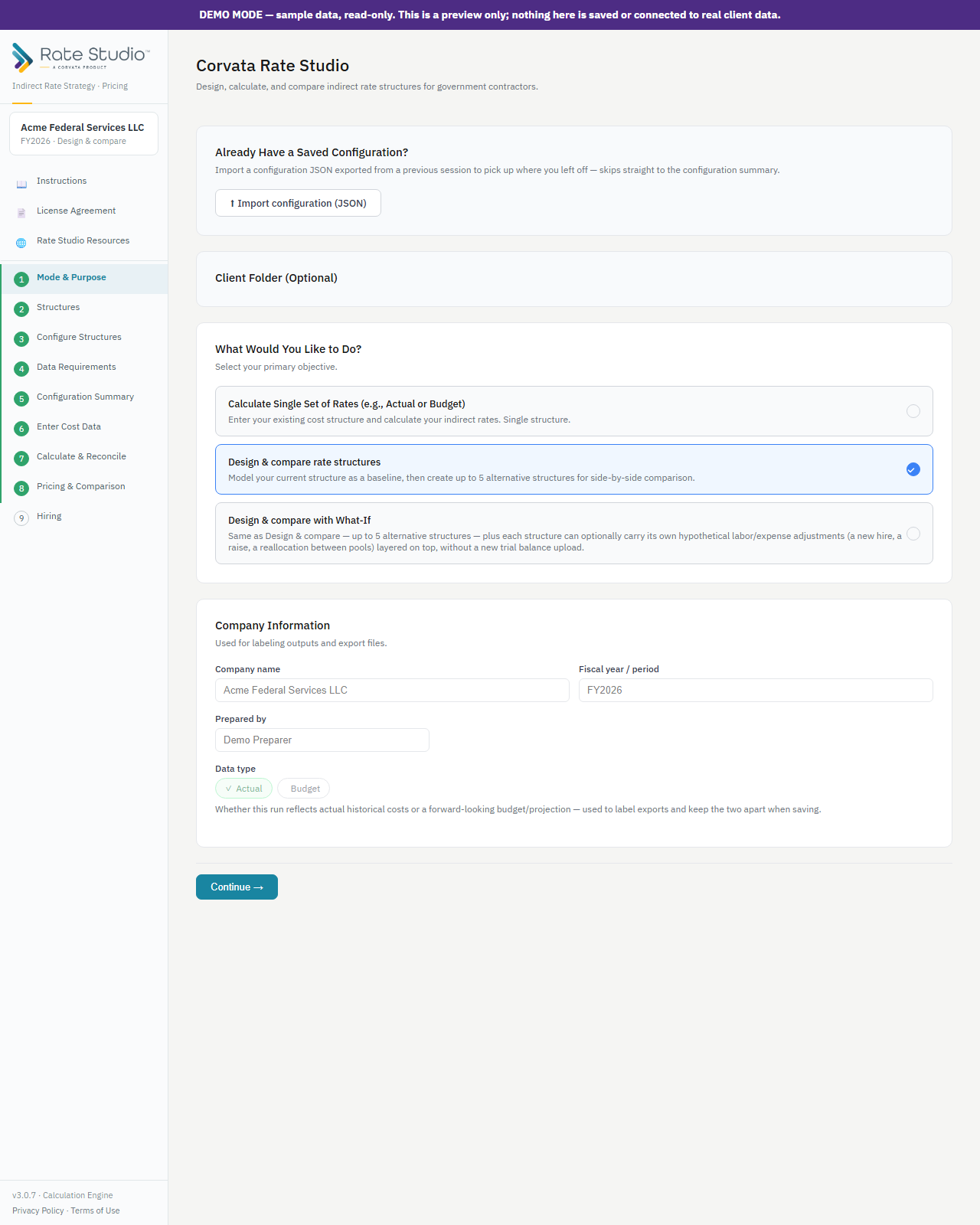 Choosing a mode and entering company information.