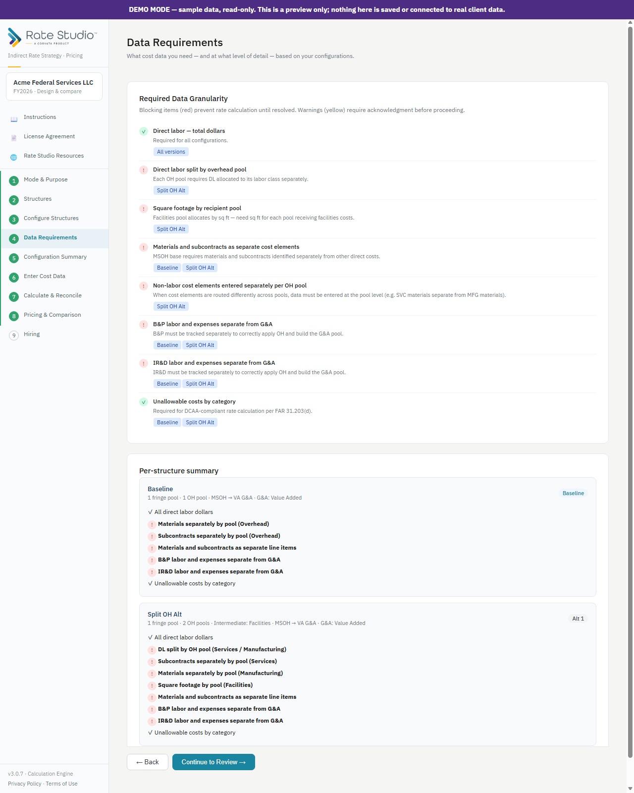 Previewing the data granularity a structure's choices will require.
