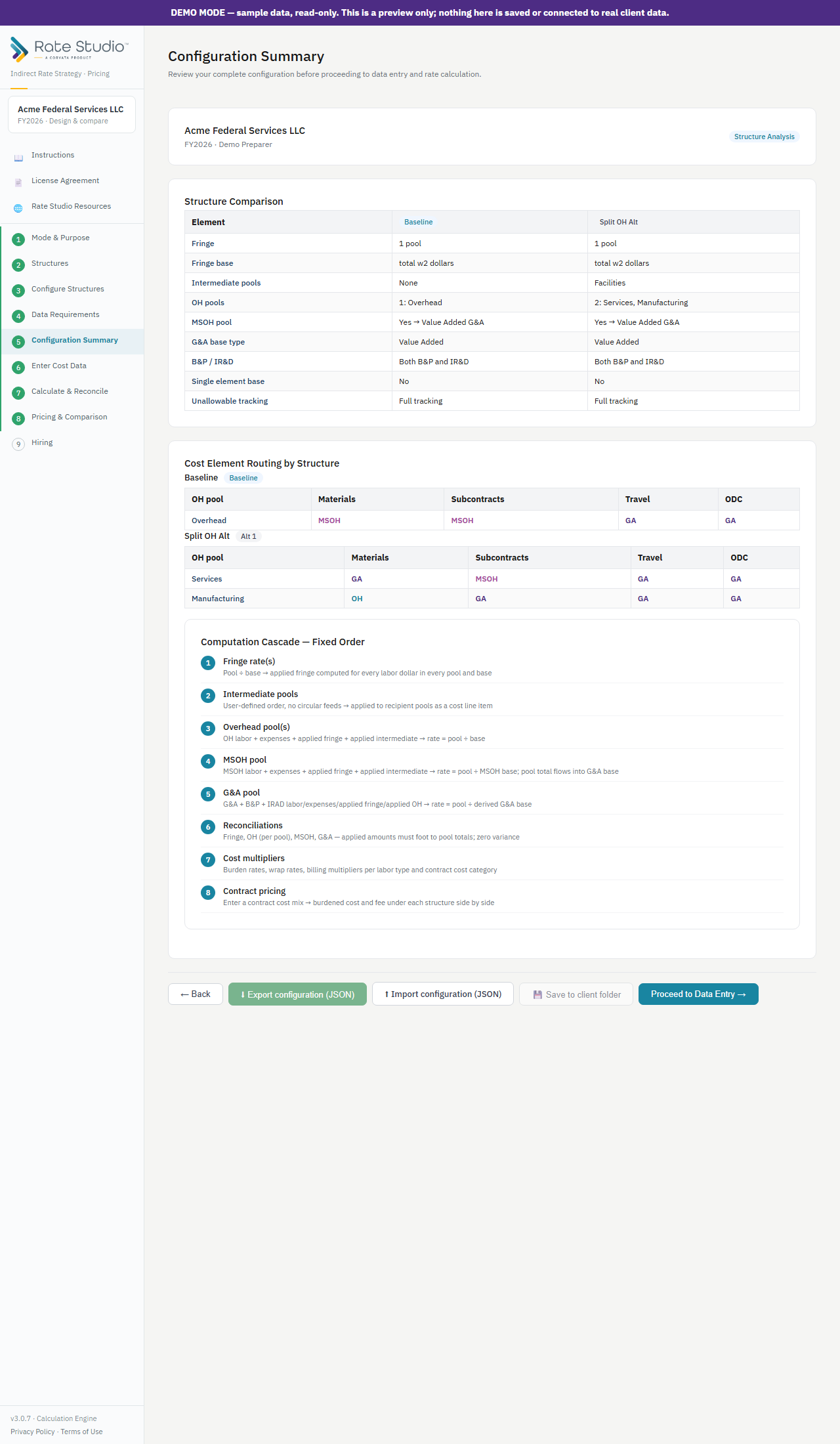 A complete configuration summary — structure comparison, cost element routing by structure, and the computation cascade.