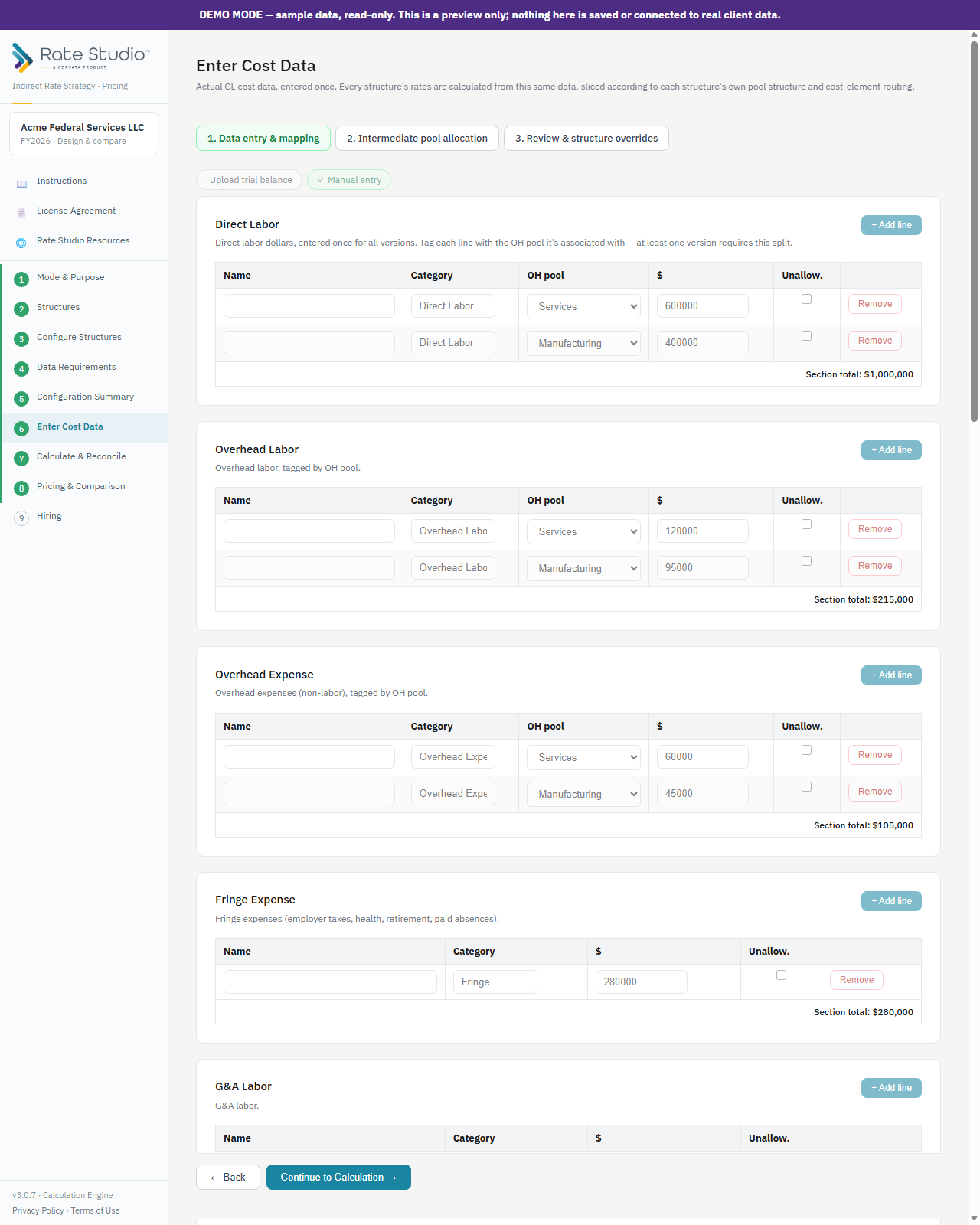 Manual cost-data entry, organized by cost category.