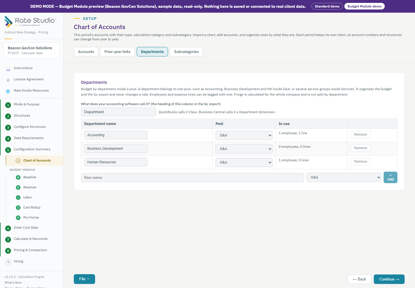 Chart of Accounts, Departments tab.
