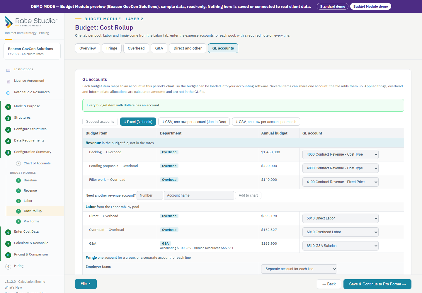 Budget: Cost Rollup, GL accounts tab.