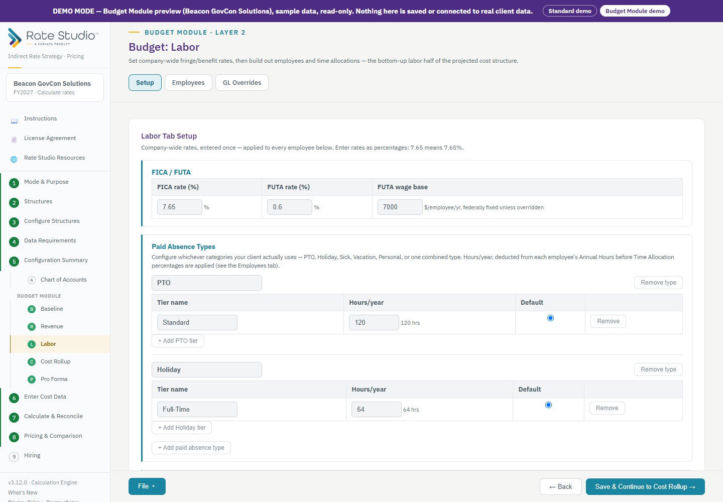 Budget: Labor, Setup tab.