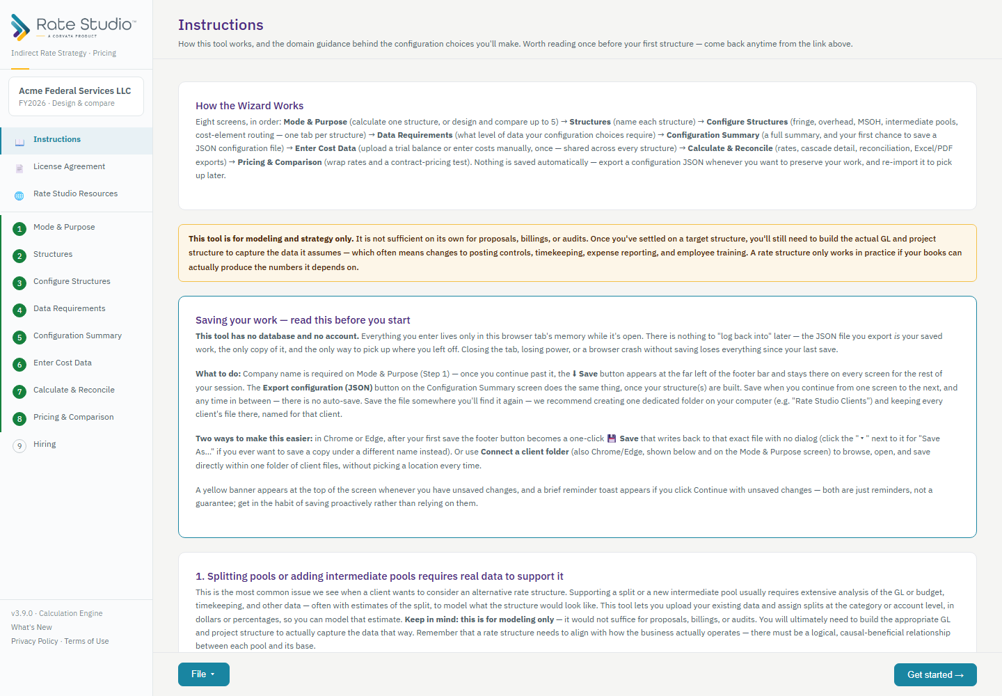The Instructions screen, including the Saving Your Work guidance described above.
