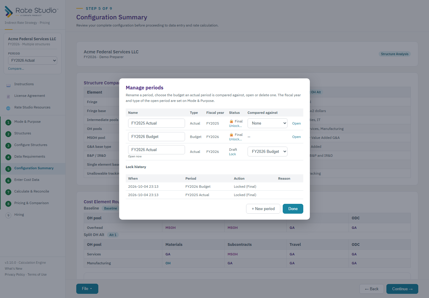 Manage periods: rename, choose the budget an actual is compared against, lock or unlock, and see the lock history.