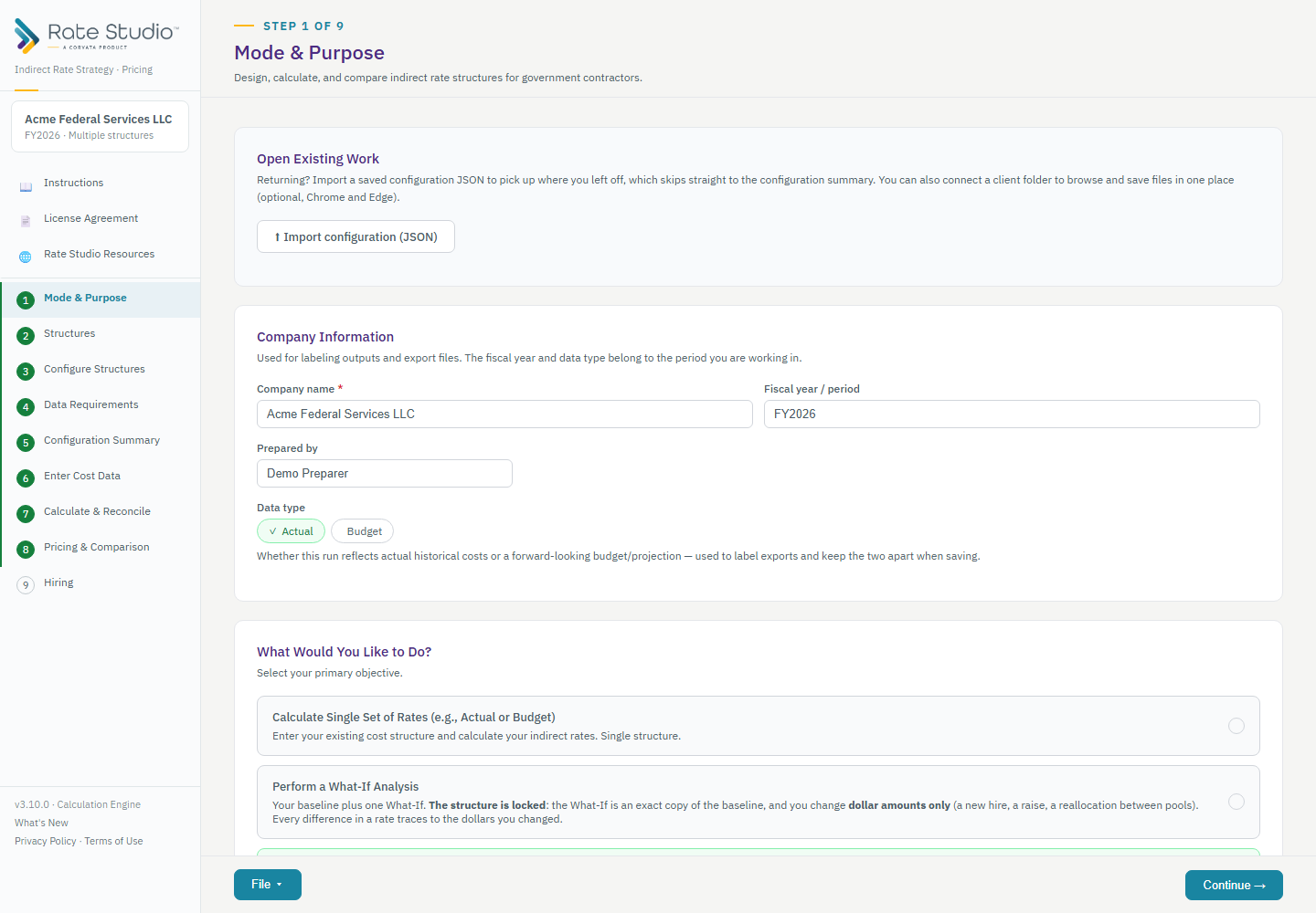 Open existing work, company information, and the three modes.