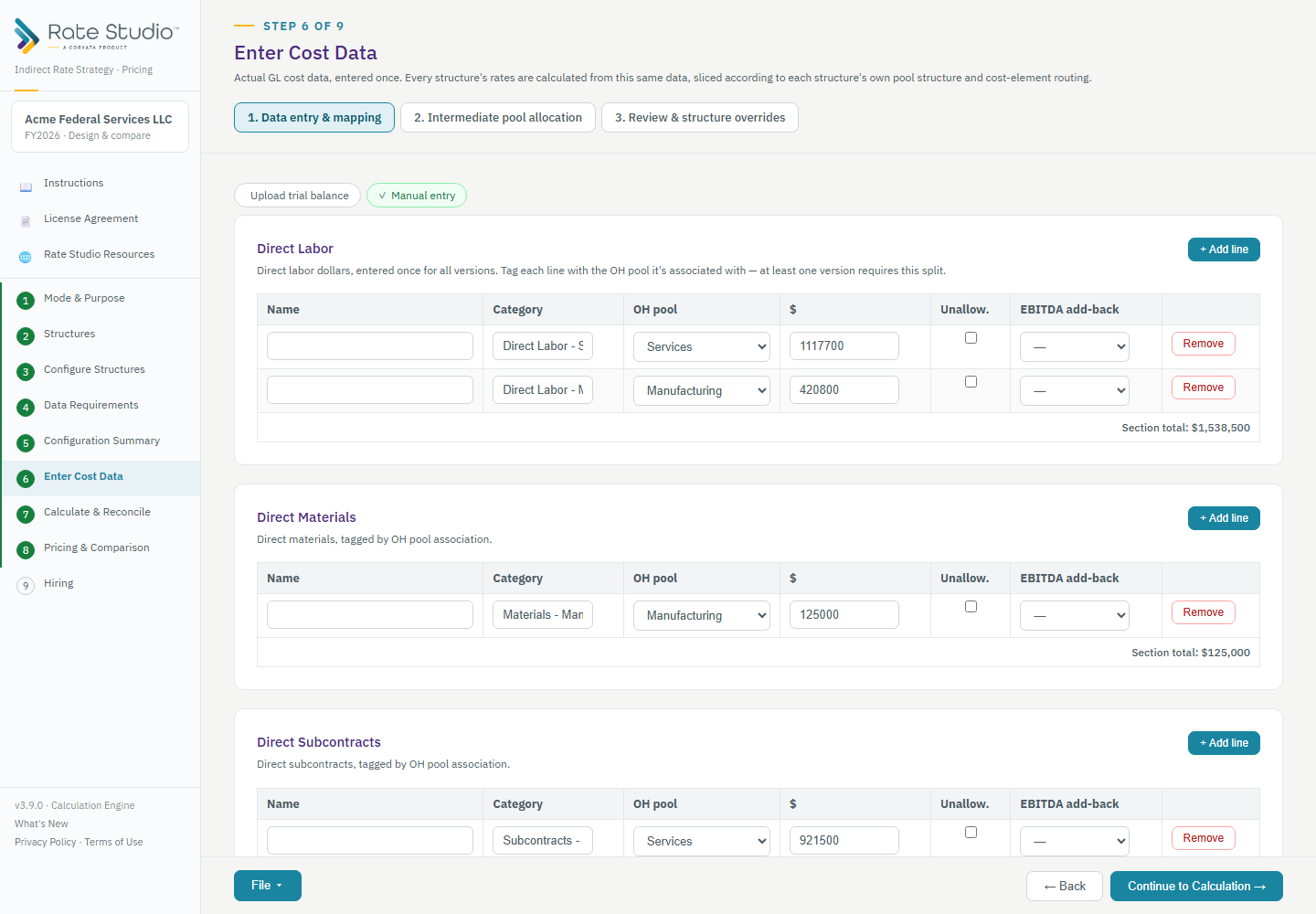 Manual cost-data entry, organized by cost category.