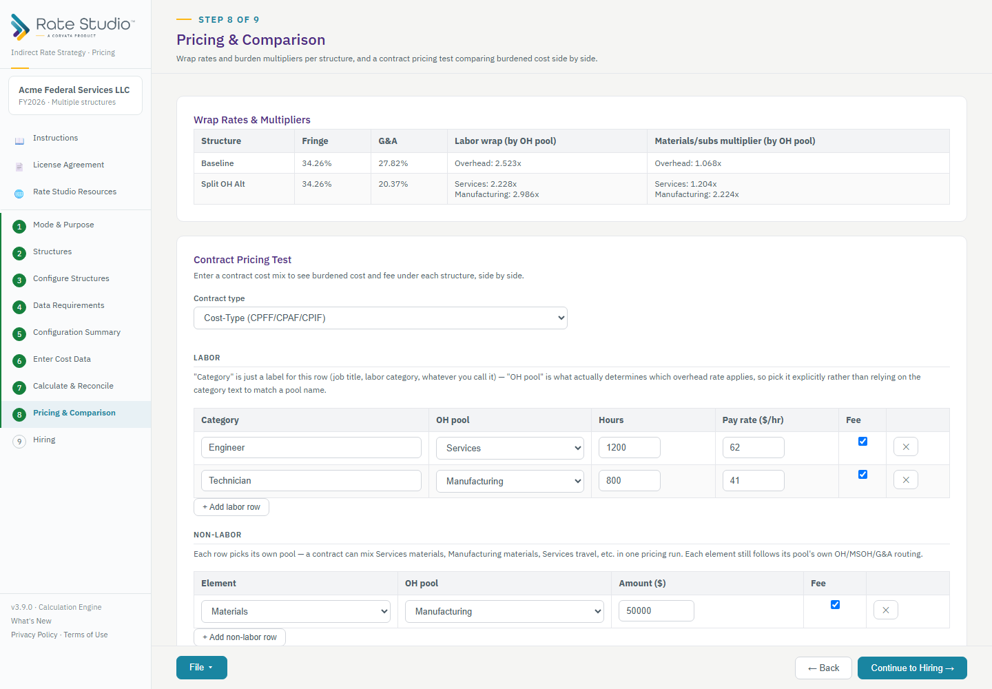 A Cost-Type contract pricing test, with wrap rates and burden multipliers above.